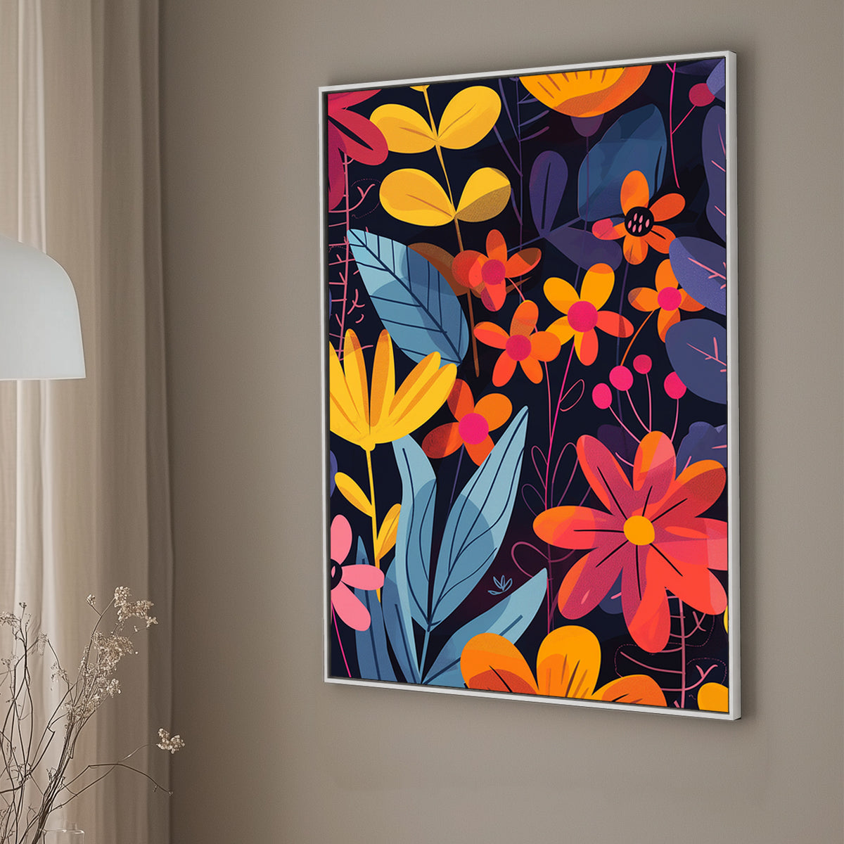 Bold floral wall art print with bright orange, red, and yellow flowers on a deep navy background, perfect for modern and vibrant interiors.