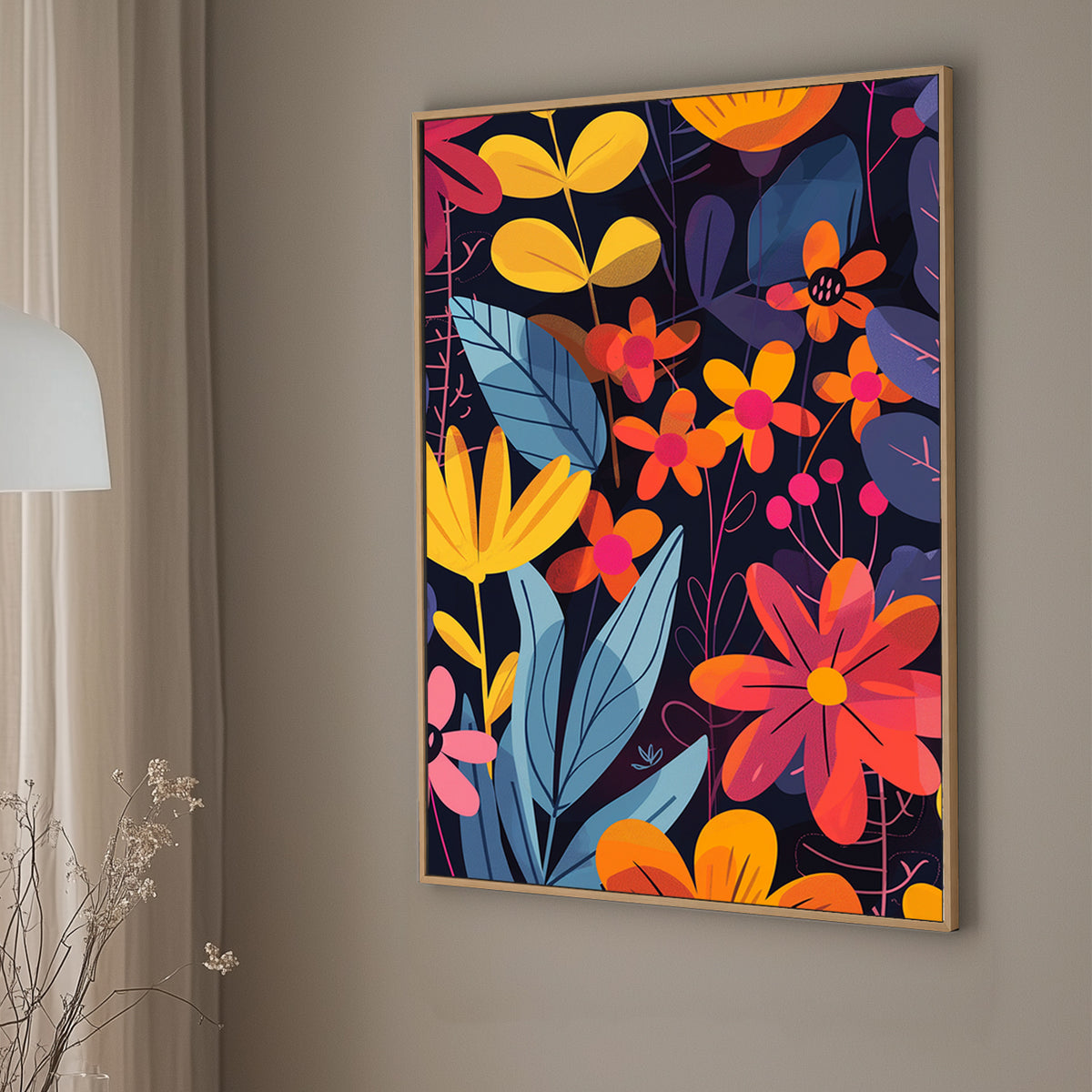 Bold floral wall art print with bright orange, red, and yellow flowers on a deep navy background, perfect for modern and vibrant interiors.