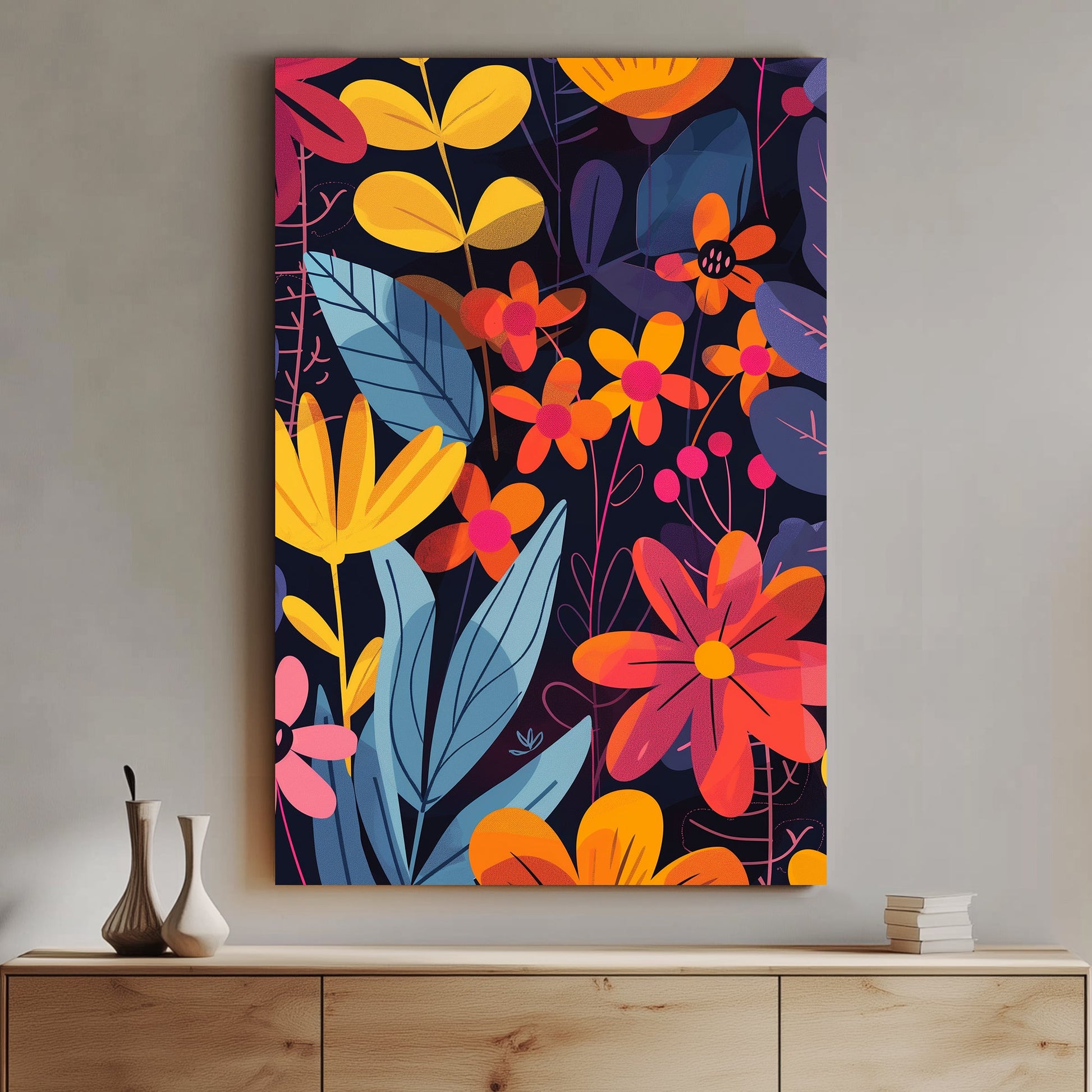 Bold floral wall art print with bright orange, red, and yellow flowers on a deep navy background, perfect for modern and vibrant interiors.