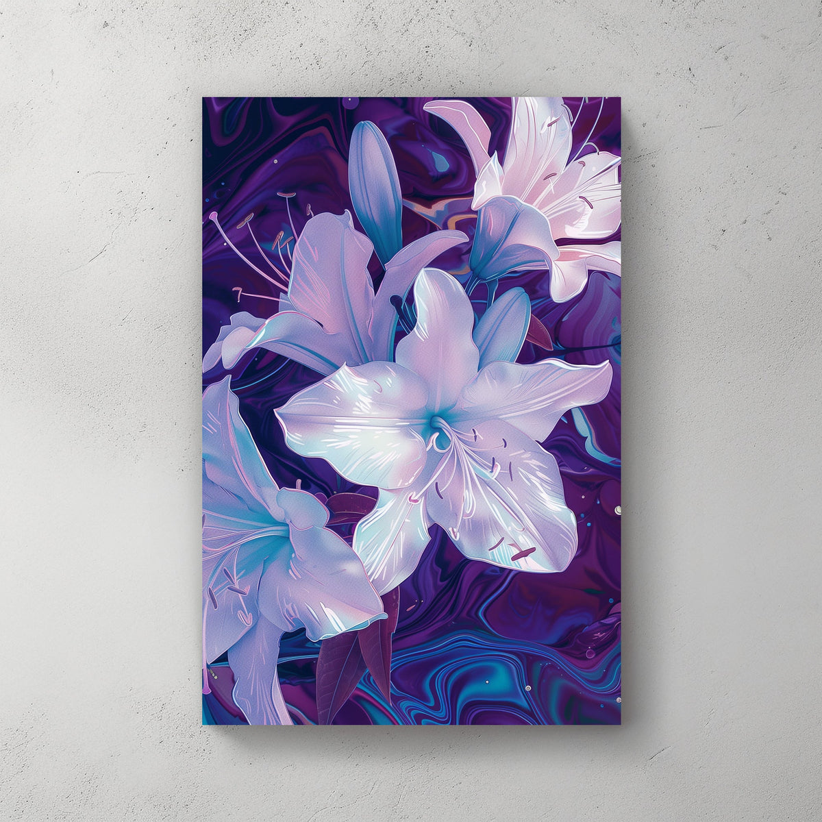 Elegant floral art featuring glowing lilies in lavender and pearl tones, set against a swirling purple and blue cosmic background, perfect for modern interiors.