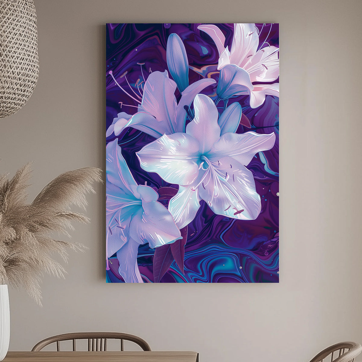 Elegant floral art featuring glowing lilies in lavender and pearl tones, set against a swirling purple and blue cosmic background, perfect for modern interiors.