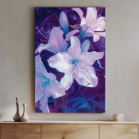 Elegant floral art featuring glowing lilies in lavender and pearl tones, set against a swirling purple and blue cosmic background, perfect for modern interiors.