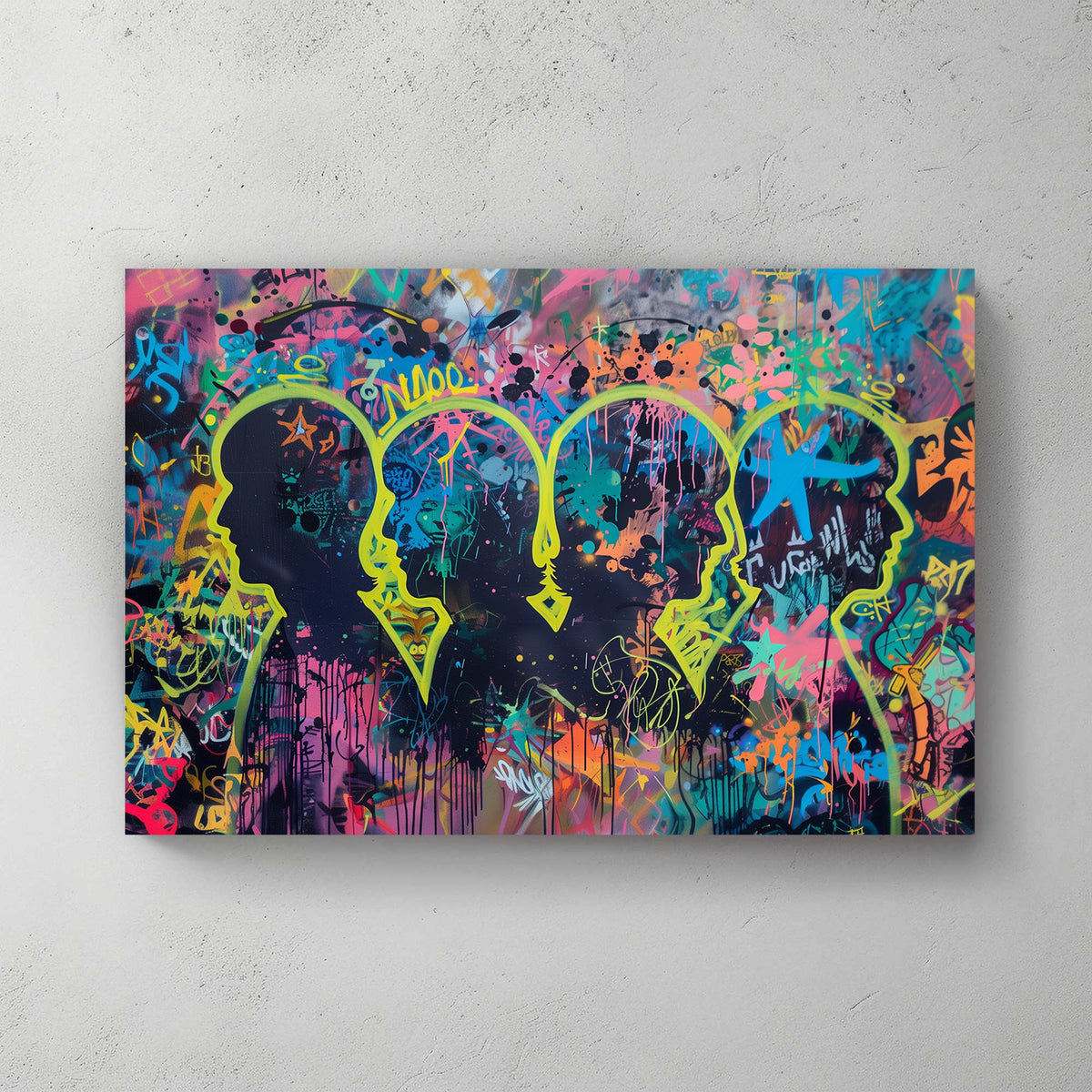 Bold graffiti-inspired wall art print featuring neon silhouettes and abstract tags on a layered colourful background, ideal for contemporary interiors.