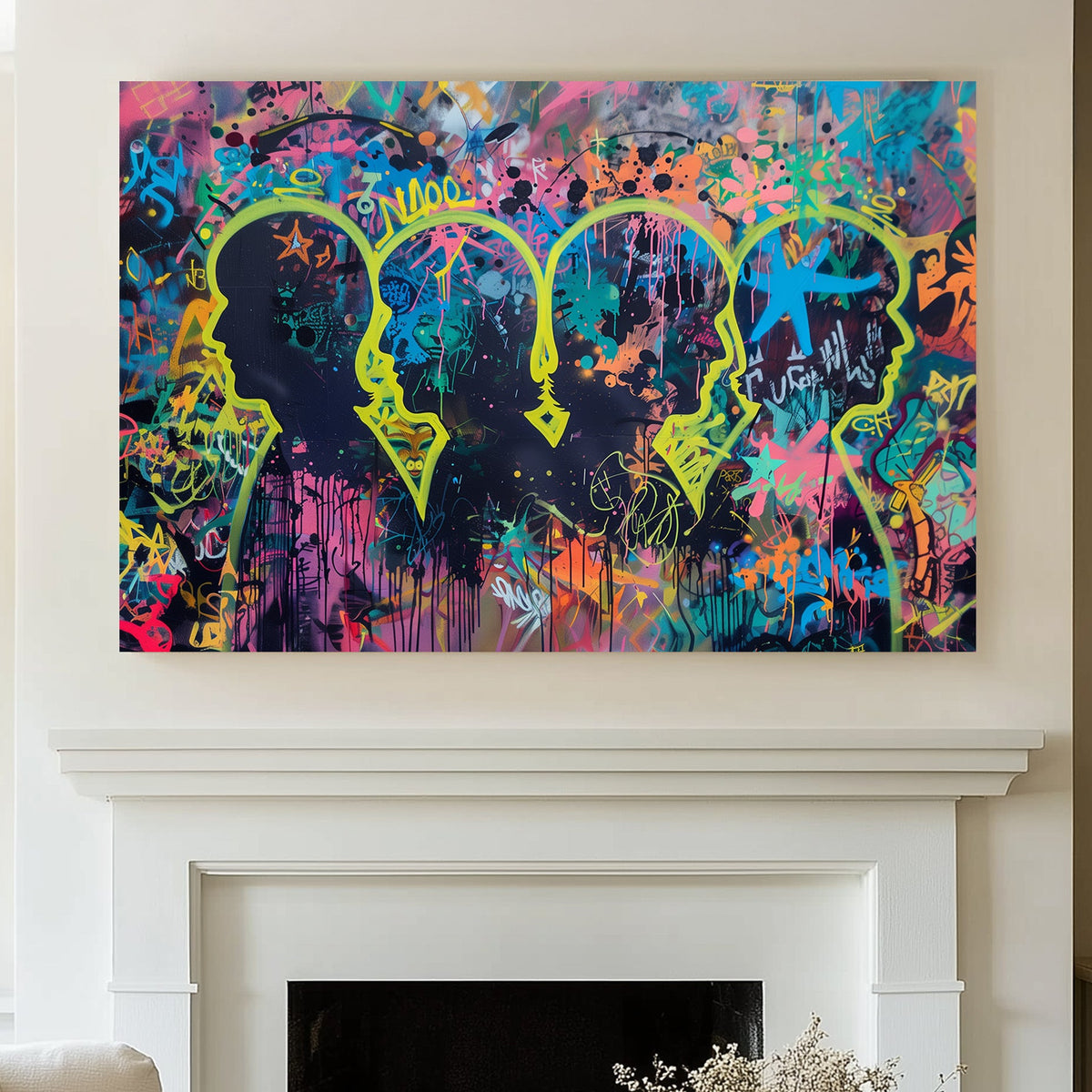Bold graffiti-inspired wall art print featuring neon silhouettes and abstract tags on a layered colourful background, ideal for contemporary interiors.