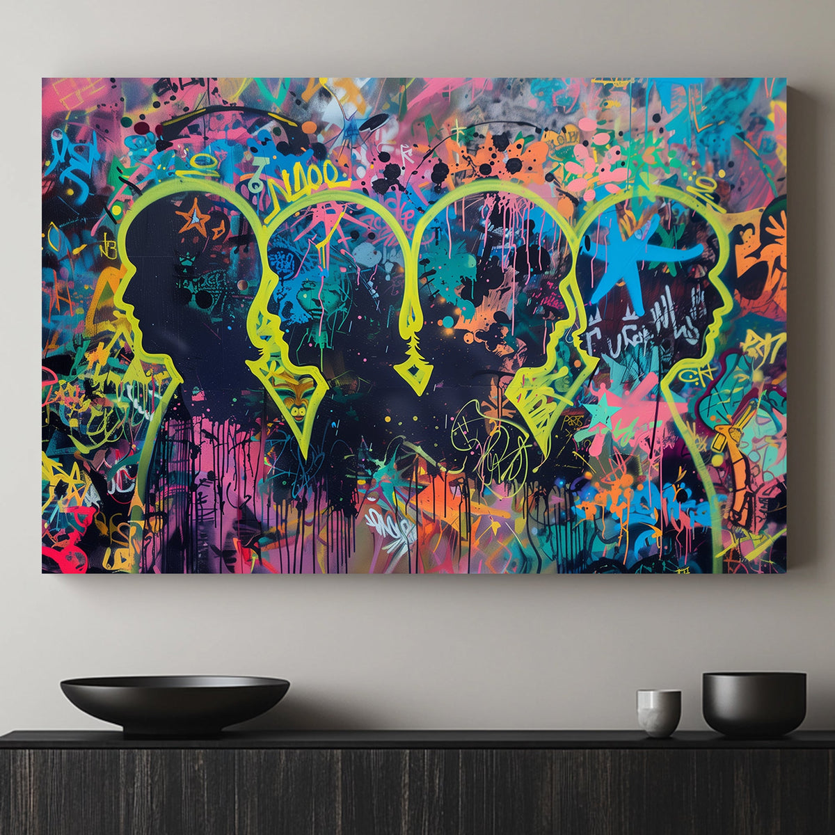 Bold graffiti-inspired wall art print featuring neon silhouettes and abstract tags on a layered colourful background, ideal for contemporary interiors.