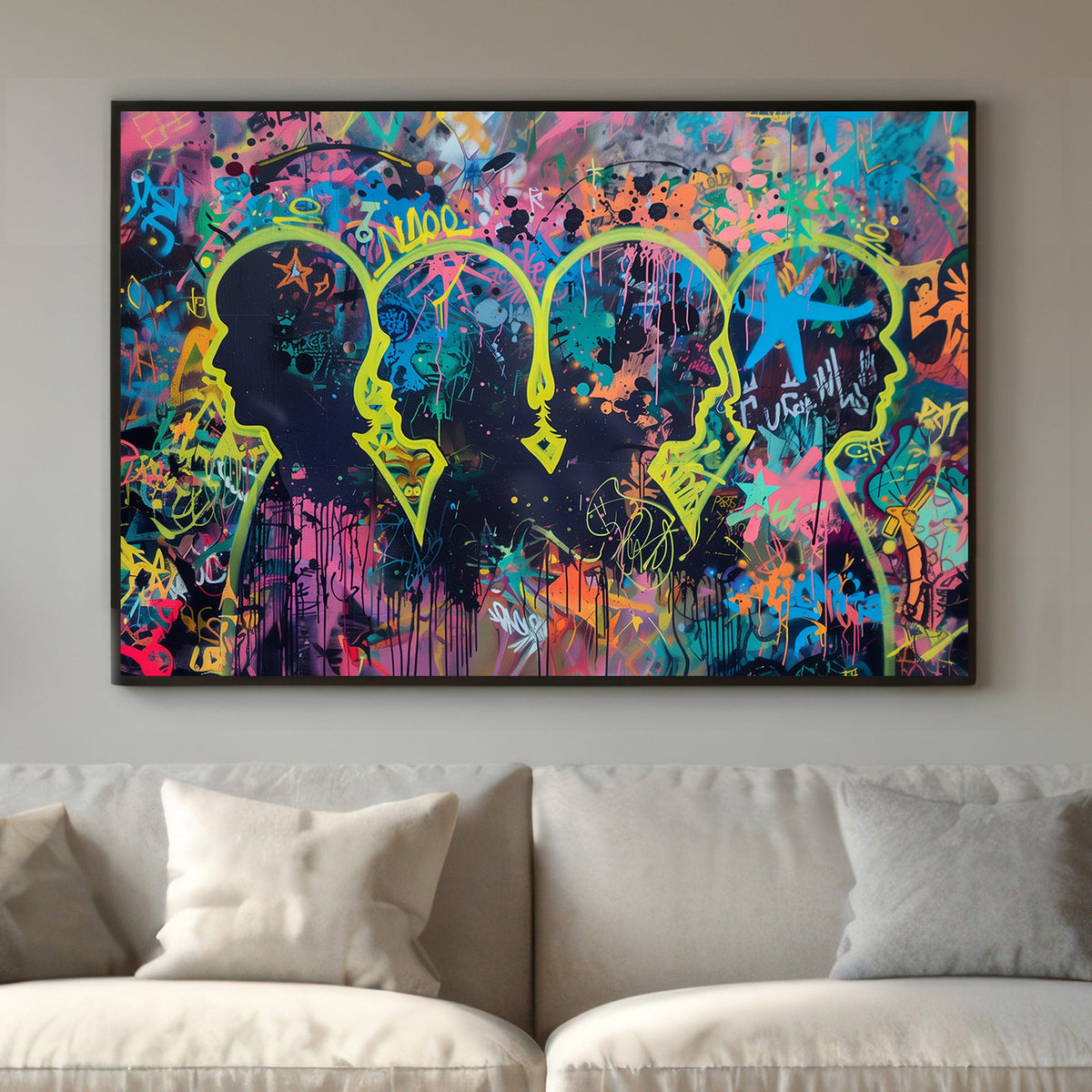 Bold graffiti-inspired wall art print featuring neon silhouettes and abstract tags on a layered colourful background, ideal for contemporary interiors.
