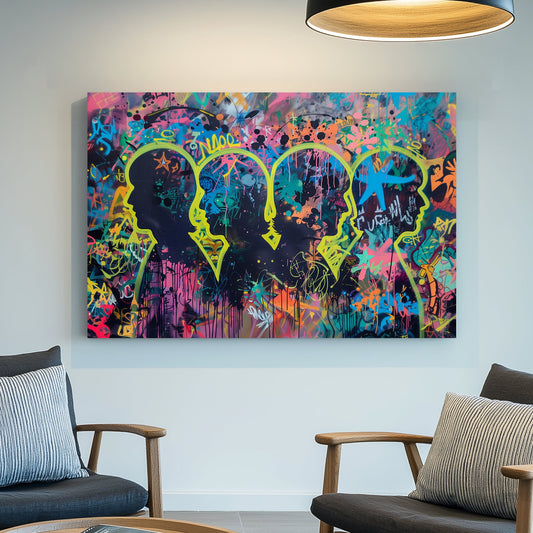 Bold graffiti-inspired wall art print featuring neon silhouettes and abstract tags on a layered colourful background, ideal for contemporary interiors.