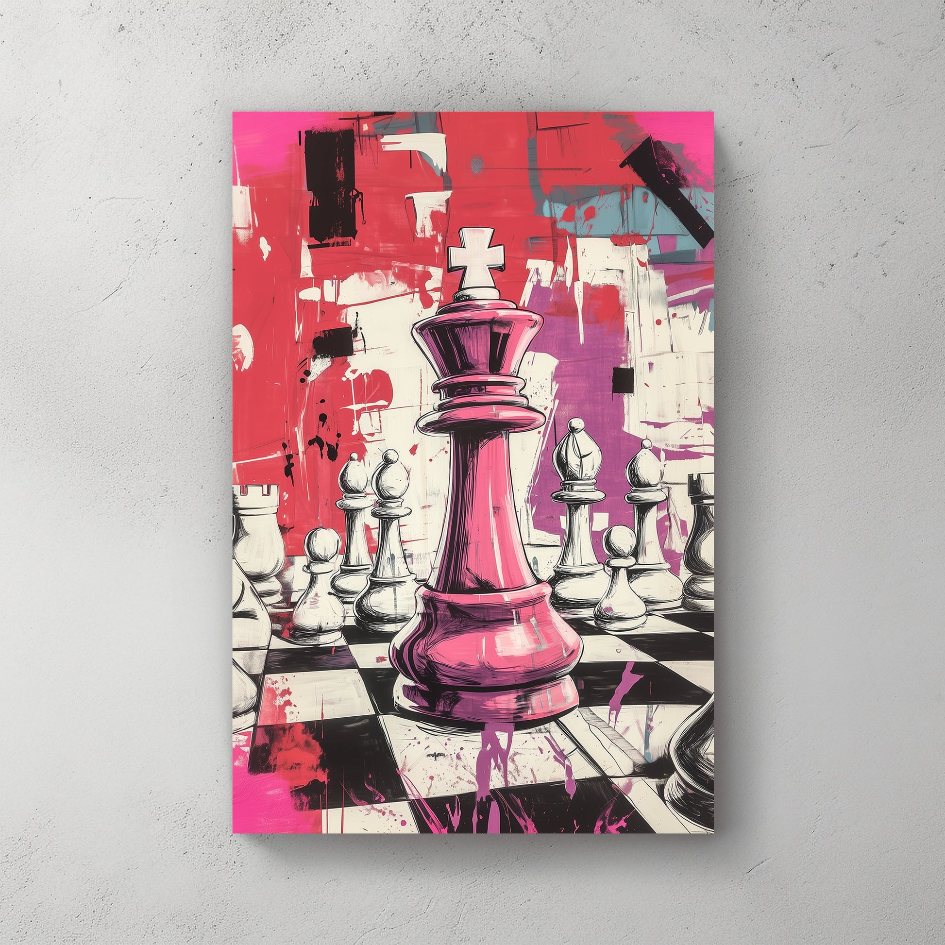 Bold wall art print of a pink chess queen in a graffiti-inspired style, surrounded by abstract splashes and a dynamic background, perfect for modern interiors.