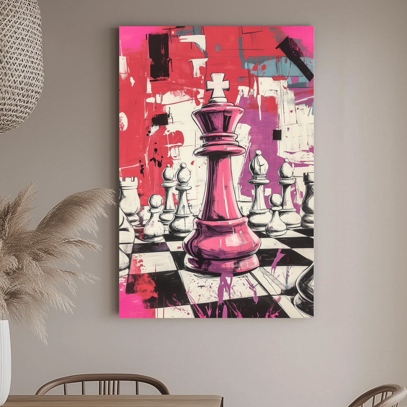 Bold wall art print of a pink chess queen in a graffiti-inspired style, surrounded by abstract splashes and a dynamic background, perfect for modern interiors.