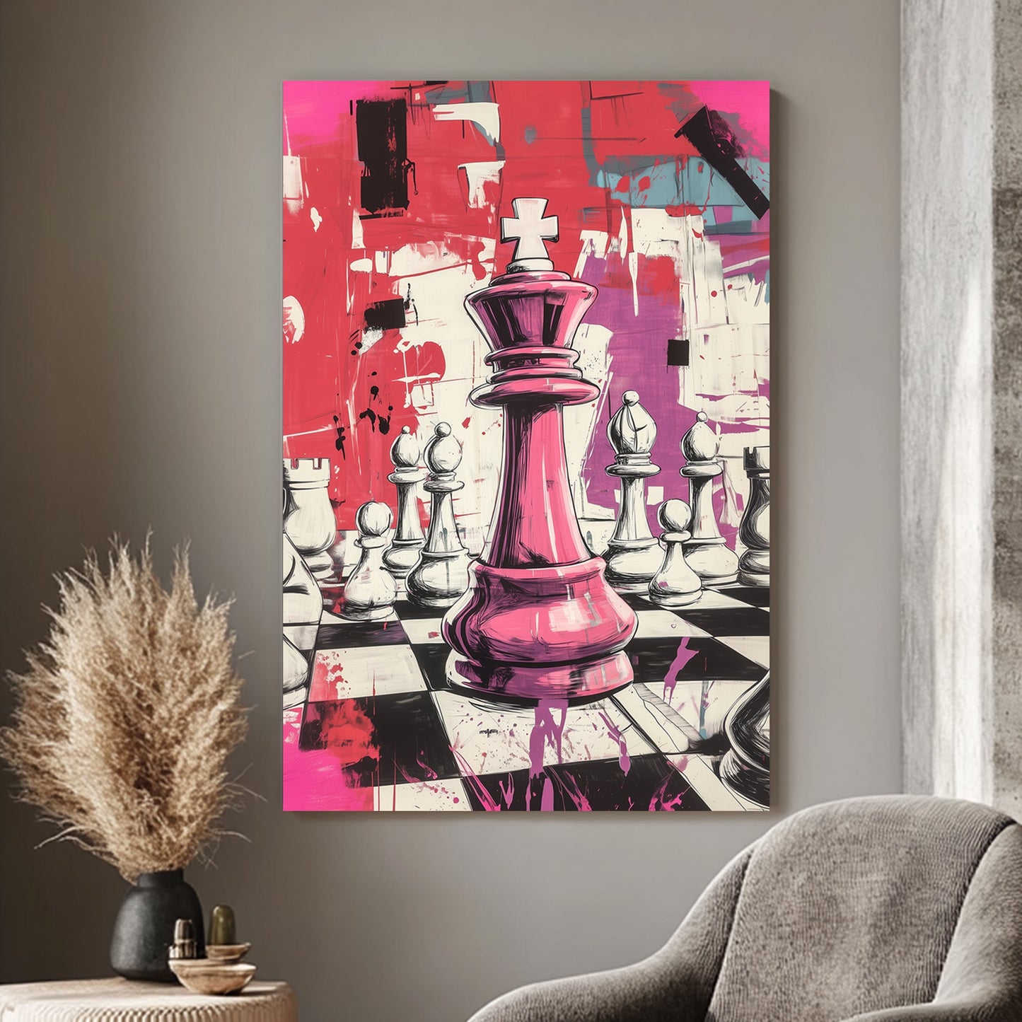 Bold wall art print of a pink chess queen in a graffiti-inspired style, surrounded by abstract splashes and a dynamic background, perfect for modern interiors.