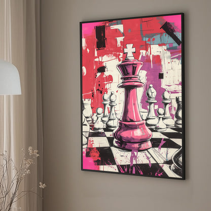 Bold wall art print of a pink chess queen in a graffiti-inspired style, surrounded by abstract splashes and a dynamic background, perfect for modern interiors.