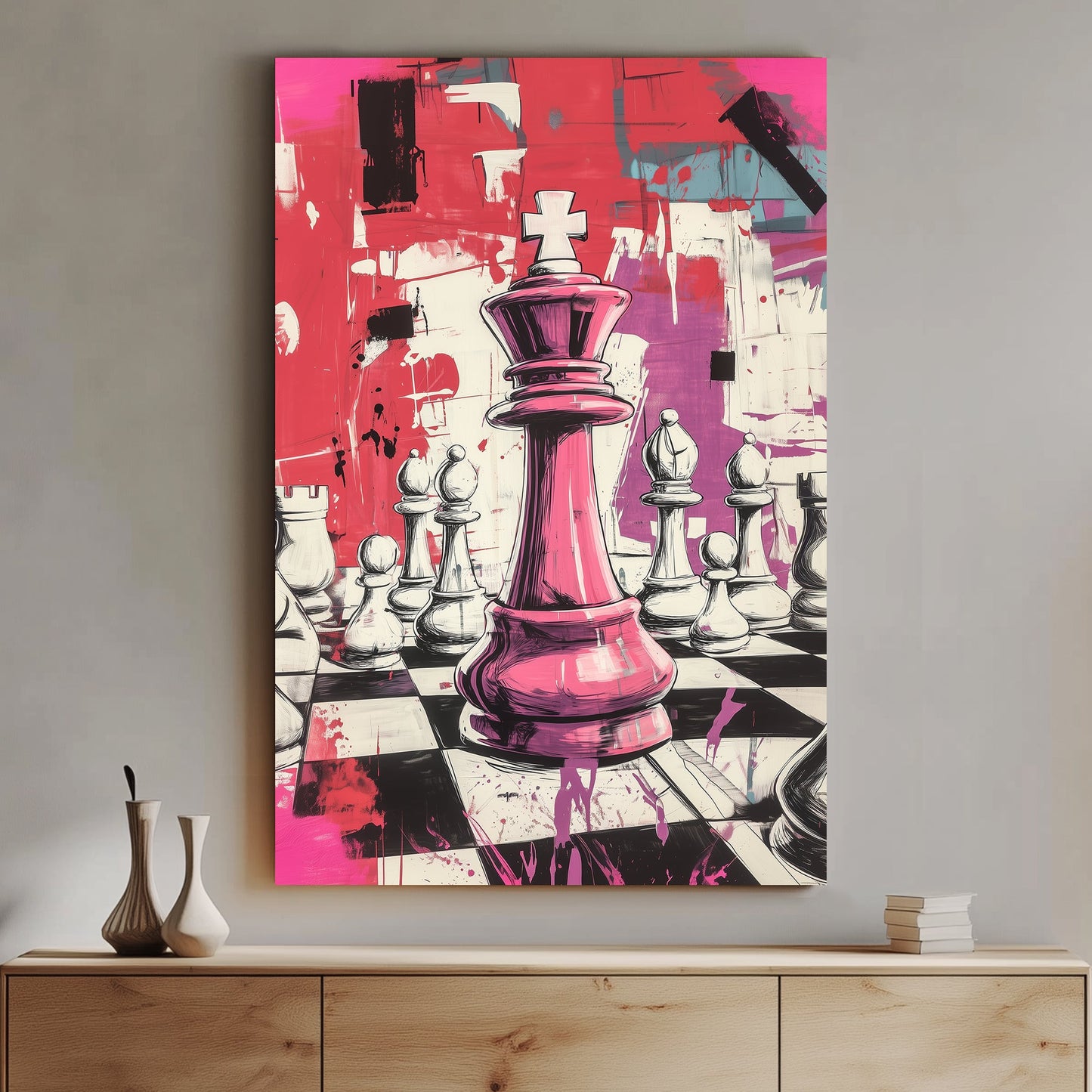 Bold wall art print of a pink chess queen in a graffiti-inspired style, surrounded by abstract splashes and a dynamic background, perfect for modern interiors.