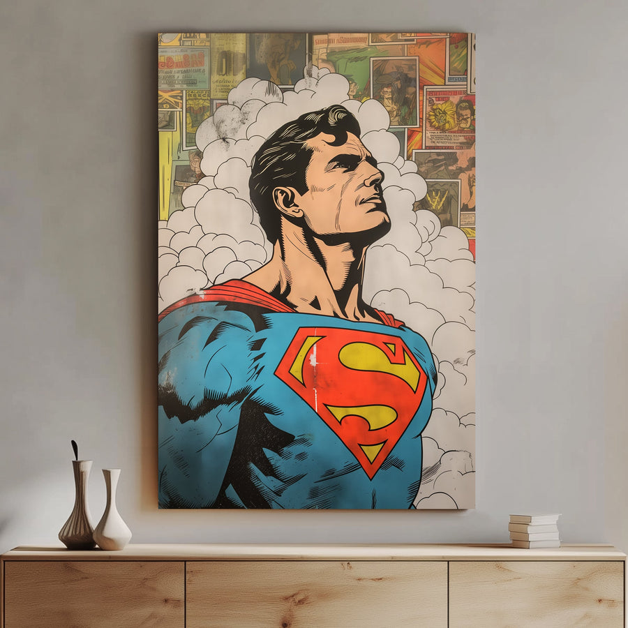 Vibrant comic book-style Superman wall art print of a classic superhero with bold colours and vintage textures, perfect for adding a nostalgic flair to modern interiors.