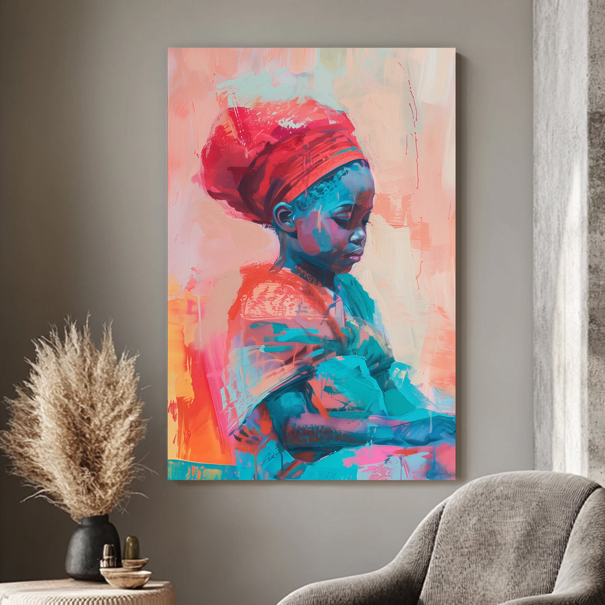 A vibrant abstract portrait of a young woman in expressive brushstrokes and soft pastels, showcasing elegance and thoughtful emotion.