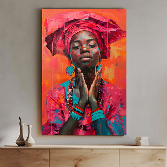 A vivid abstract portrait of a woman in traditional attire with bold fuchsia and teal accents, exuding empowerment and grace.