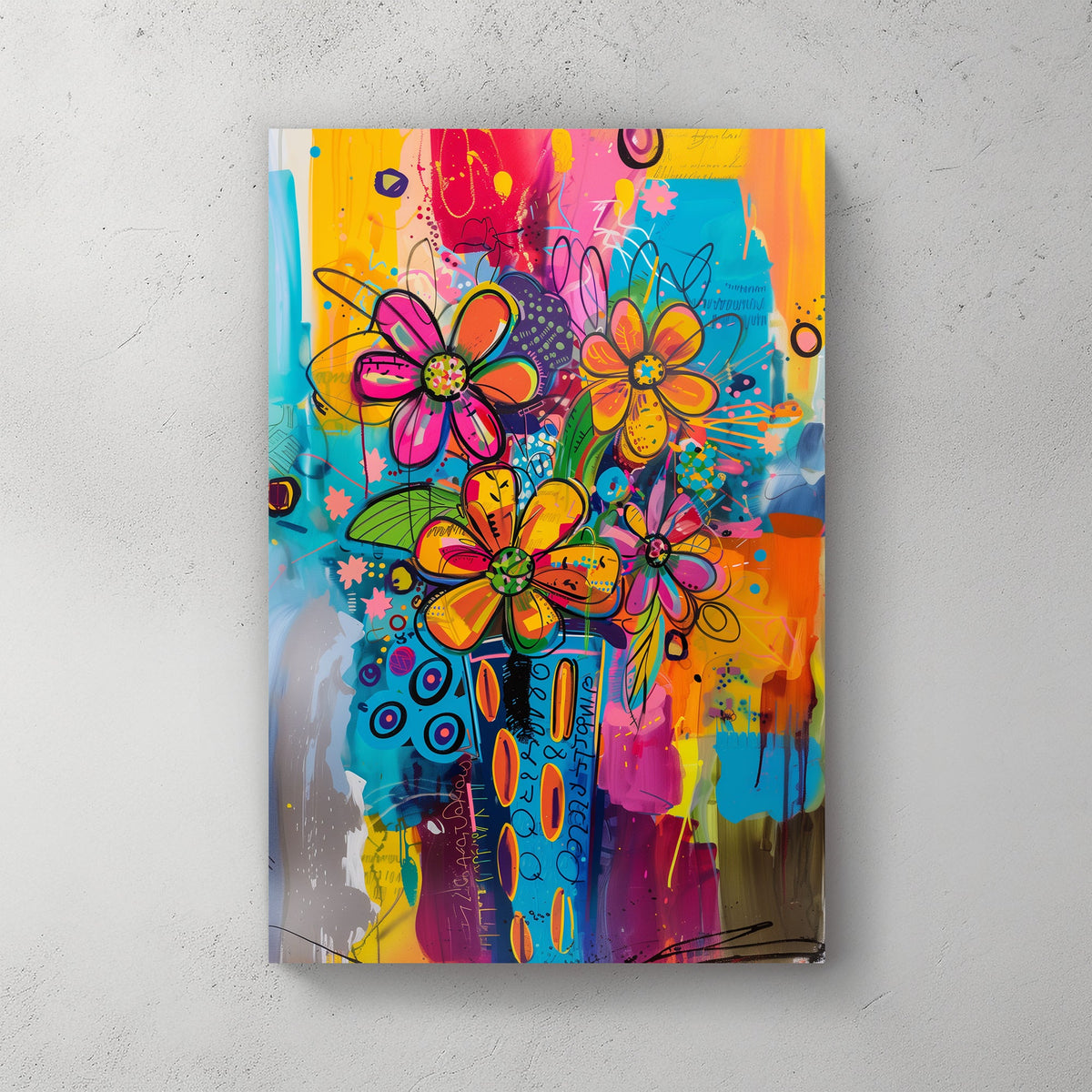 A colourful graffiti-style wall art print featuring bold abstract flowers in a lively mix of vibrant hues and playful patterns.