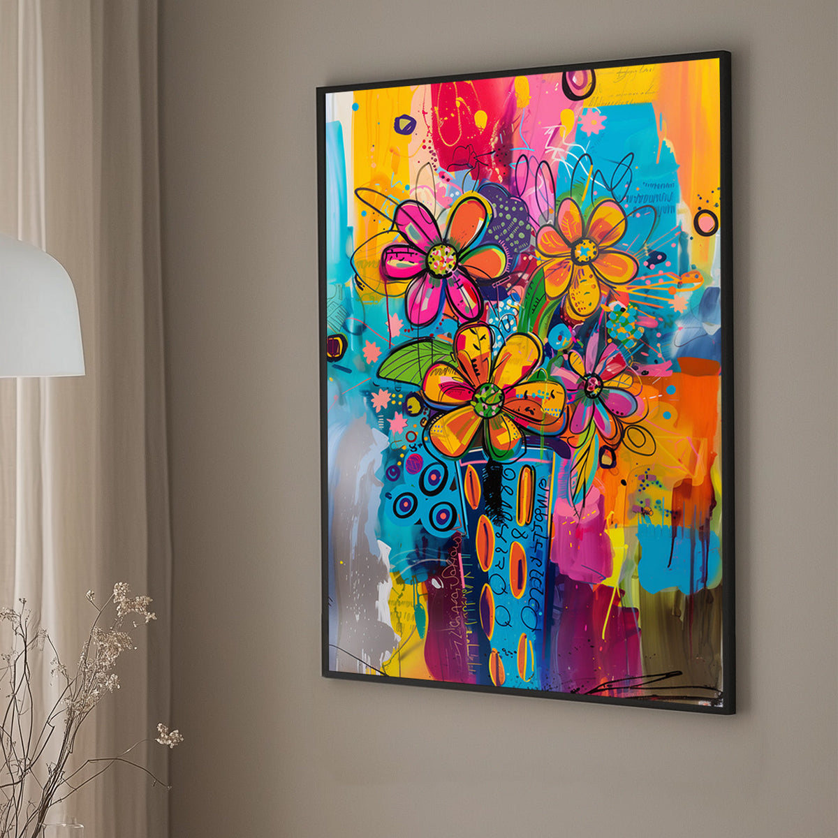 A colourful graffiti-style wall art print featuring bold abstract flowers in a lively mix of vibrant hues and playful patterns.
