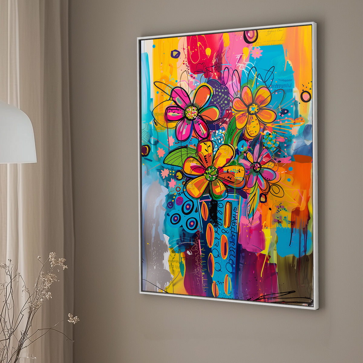 A colourful graffiti-style wall art print featuring bold abstract flowers in a lively mix of vibrant hues and playful patterns.
