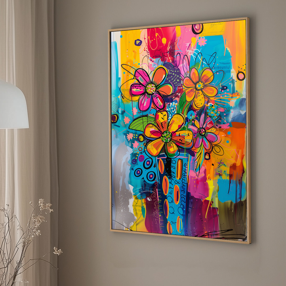 A colourful graffiti-style wall art print featuring bold abstract flowers in a lively mix of vibrant hues and playful patterns.