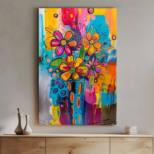 A colourful graffiti-style wall art print featuring bold abstract flowers in a lively mix of vibrant hues and playful patterns.