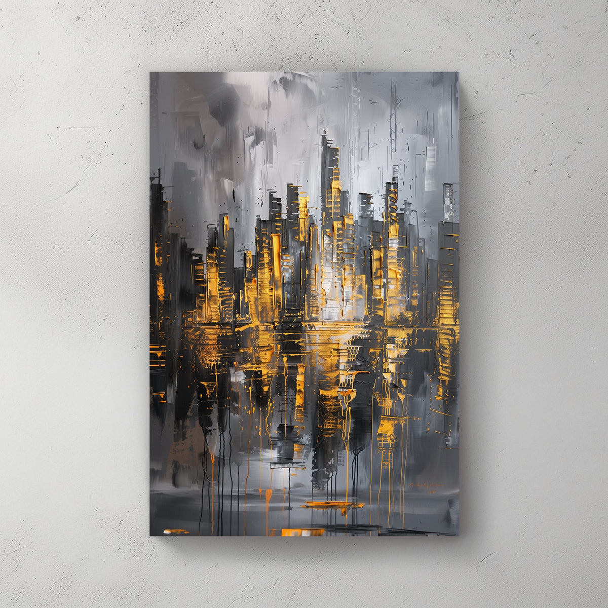 Abstract city skyline wall art print featuring metallic gold highlights and reflective textures on a grey background, creating an urban and modern vibe.