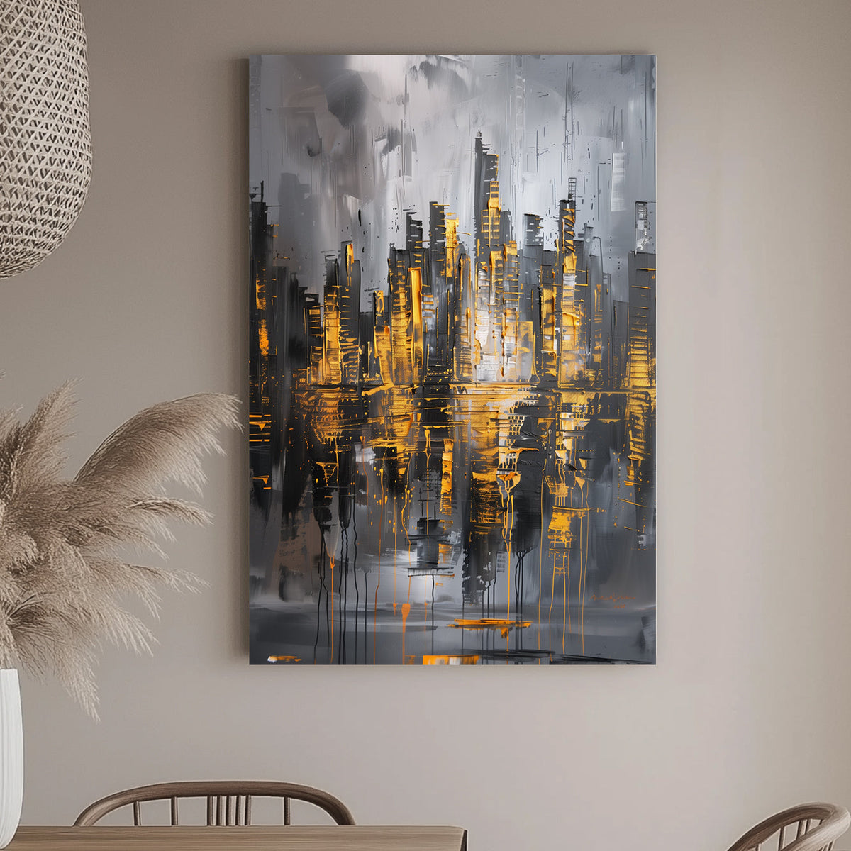 Abstract city skyline wall art print featuring metallic gold highlights and reflective textures on a grey background, creating an urban and modern vibe.