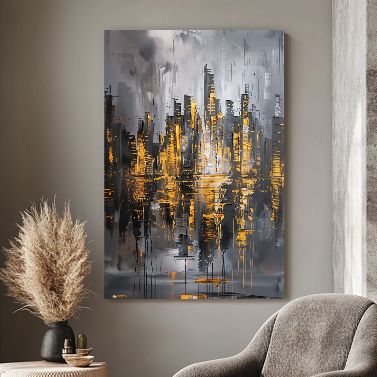 Abstract city skyline wall art print featuring metallic gold highlights and reflective textures on a grey background, creating an urban and modern vibe.