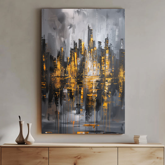 Abstract city skyline wall art print featuring metallic gold highlights and reflective textures on a grey background, creating an urban and modern vibe.