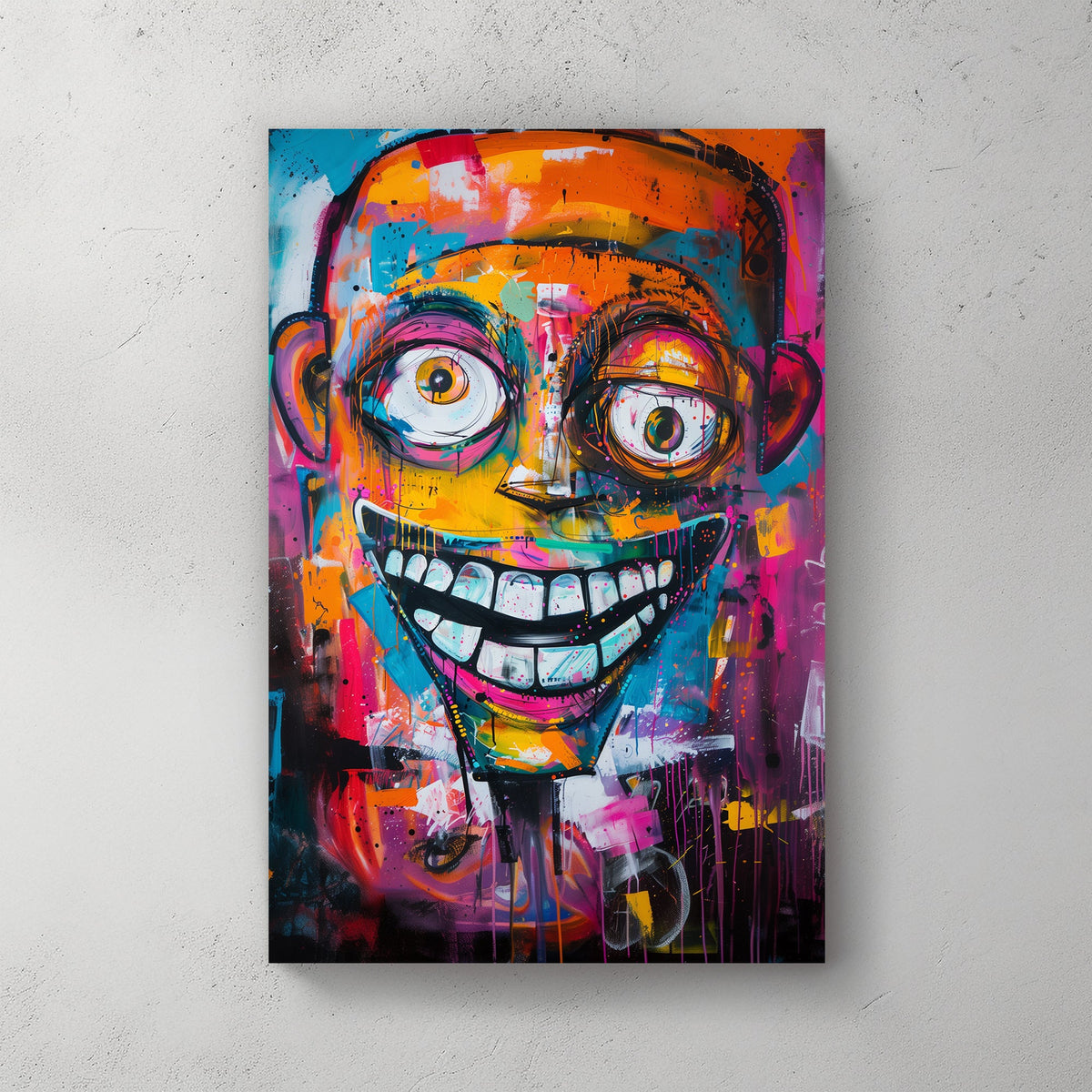 Abstract graffiti-style art of a colourful grinning face with exaggerated features and vibrant splashes of pink, blue, and orange.
