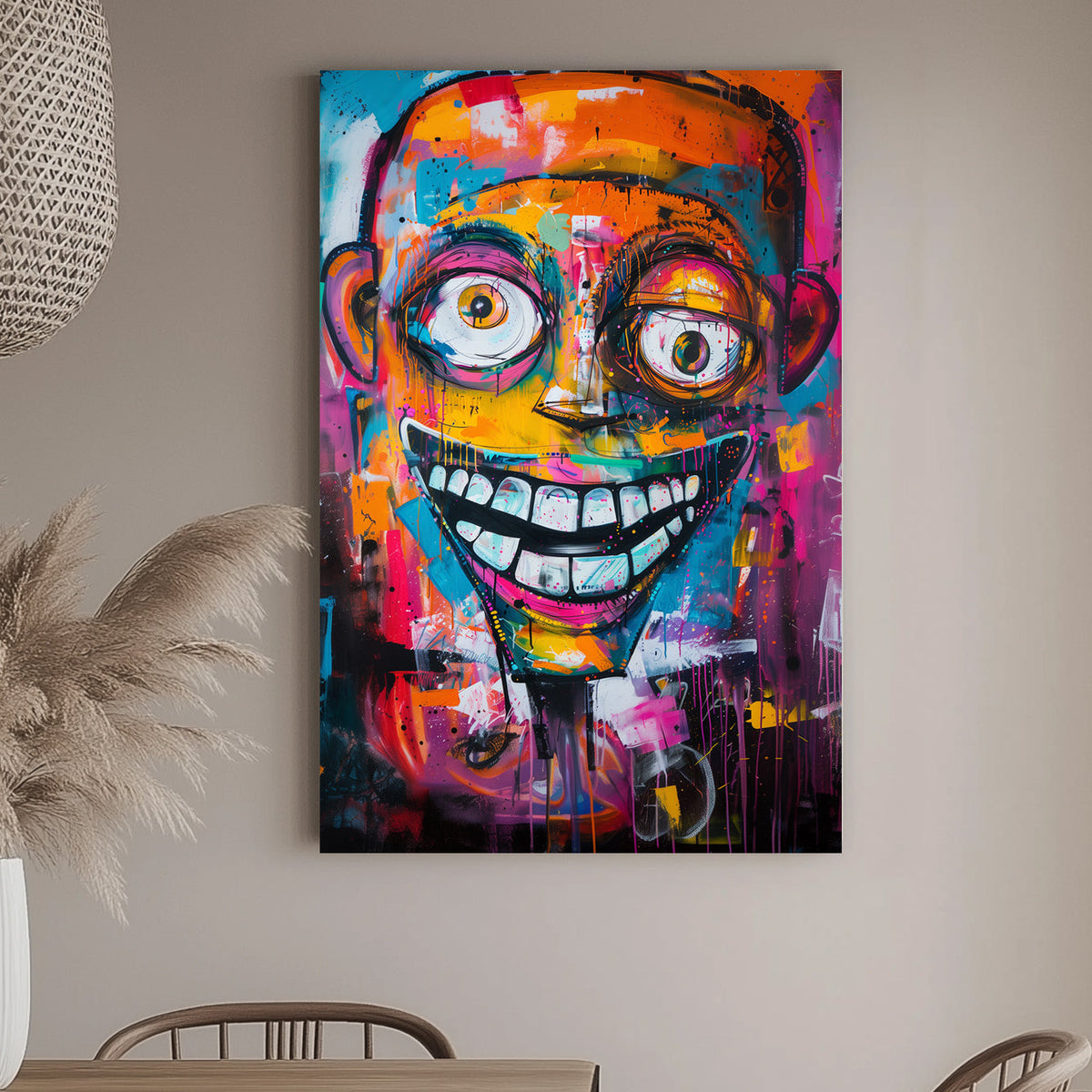 Abstract graffiti-style art of a colourful grinning face with exaggerated features and vibrant splashes of pink, blue, and orange.