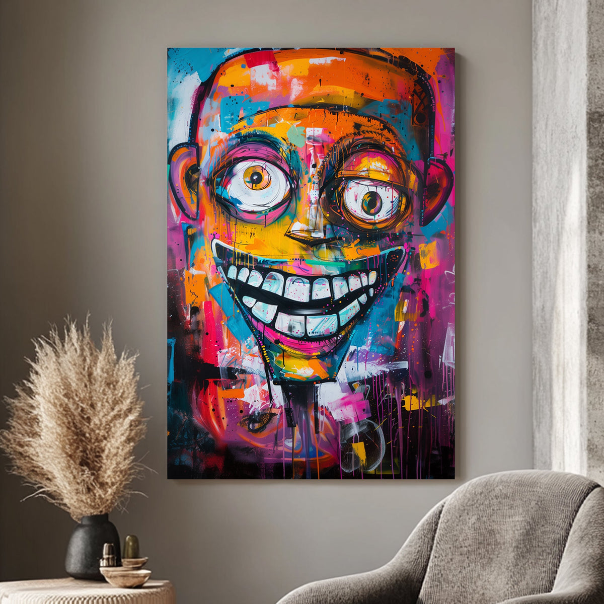 Abstract graffiti-style art of a colourful grinning face with exaggerated features and vibrant splashes of pink, blue, and orange.