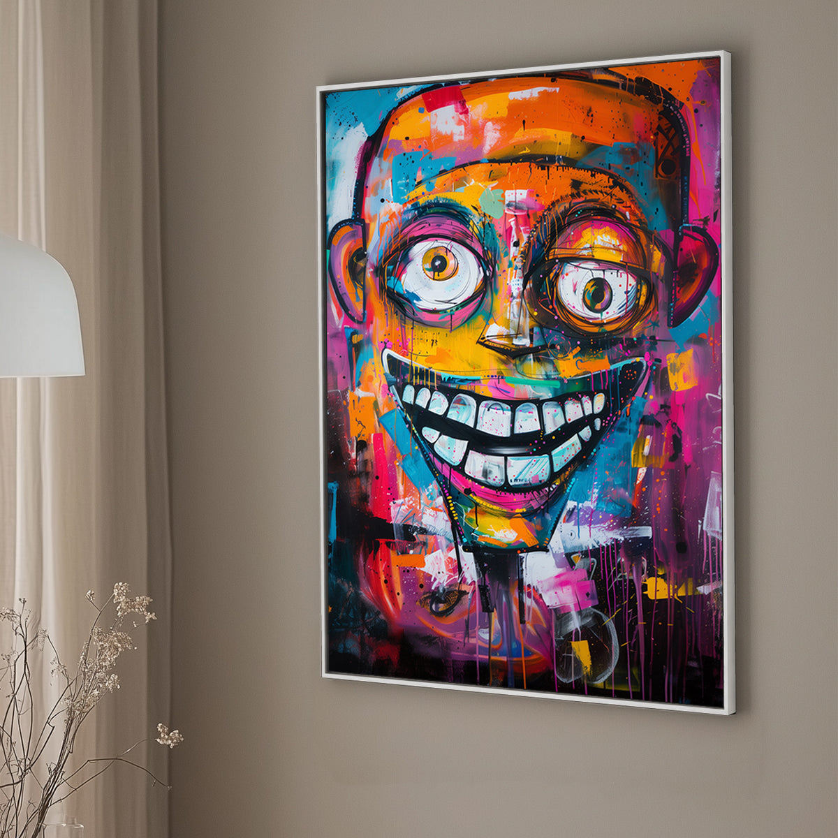 Abstract graffiti-style art of a colourful grinning face with exaggerated features and vibrant splashes of pink, blue, and orange.