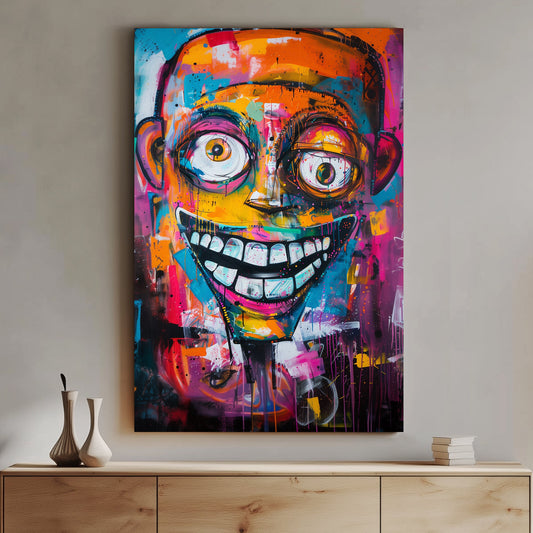 Abstract graffiti-style art of a colourful grinning face with exaggerated features and vibrant splashes of pink, blue, and orange.