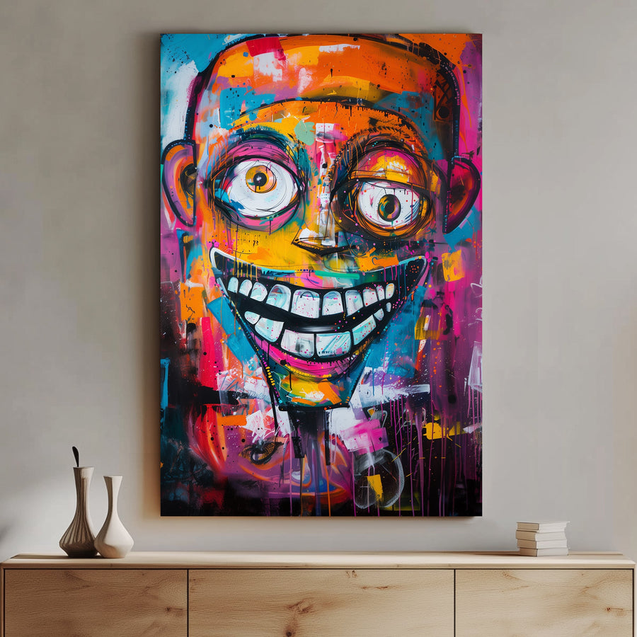 Abstract graffiti-style art of a colourful grinning face with exaggerated features and vibrant splashes of pink, blue, and orange.