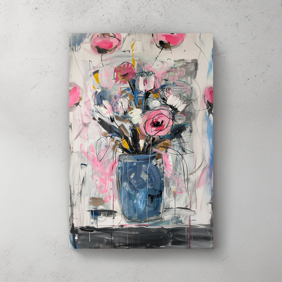 Abstract wall art print of a blue vase with pink and white flowers, surrounded by gestural strokes in grey, pink, and yellow hues, designed in a contemporary style. Perfect for wall art in modern interiors.