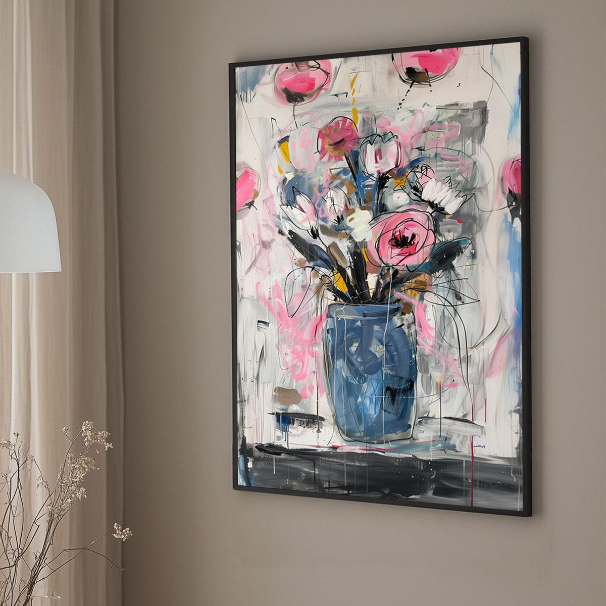 Abstract wall art print of a blue vase with pink and white flowers, surrounded by gestural strokes in grey, pink, and yellow hues, designed in a contemporary style. Perfect for wall art in modern interiors.