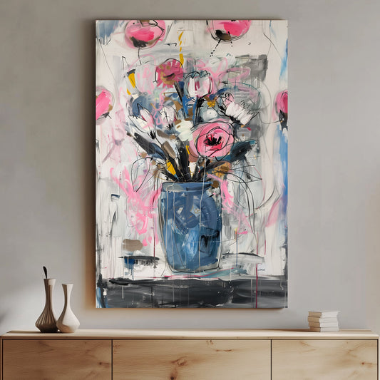 Abstract wall art print of a blue vase with pink and white flowers, surrounded by gestural strokes in grey, pink, and yellow hues, designed in a contemporary style. Perfect for wall art in modern interiors.