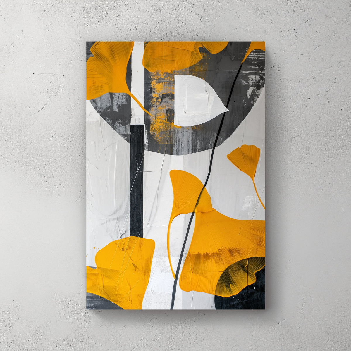 Abstract art featuring golden ginkgo leaves on a monochrome background with white, black, and grey textures. A contemporary minimalist design ideal for modern interiors.
