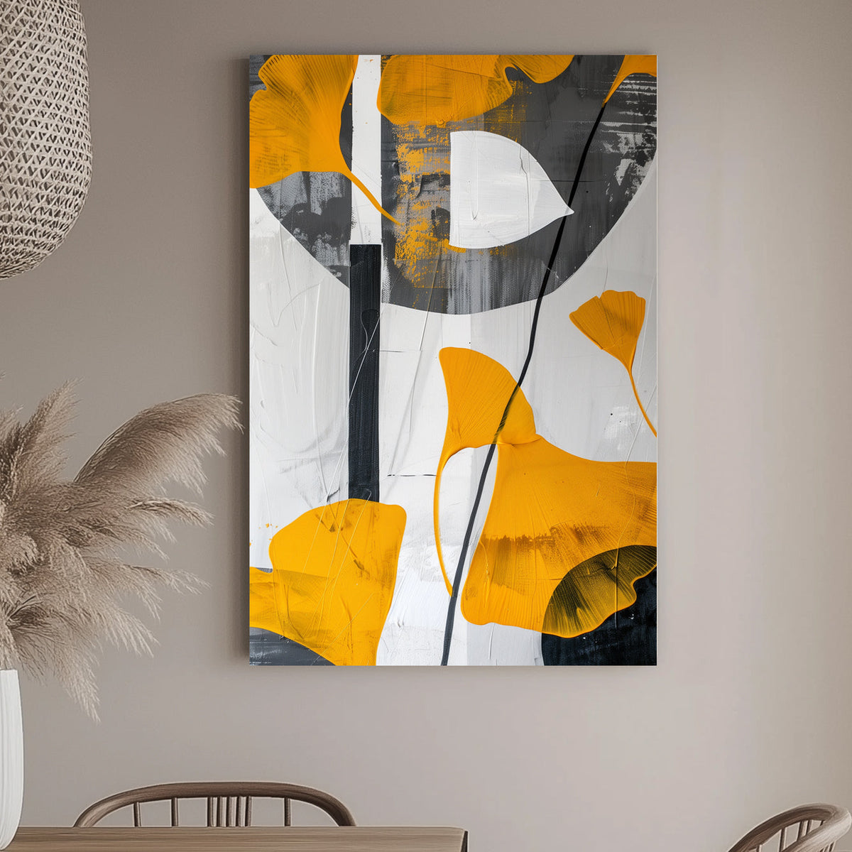 Abstract art featuring golden ginkgo leaves on a monochrome background with white, black, and grey textures. A contemporary minimalist design ideal for modern interiors.