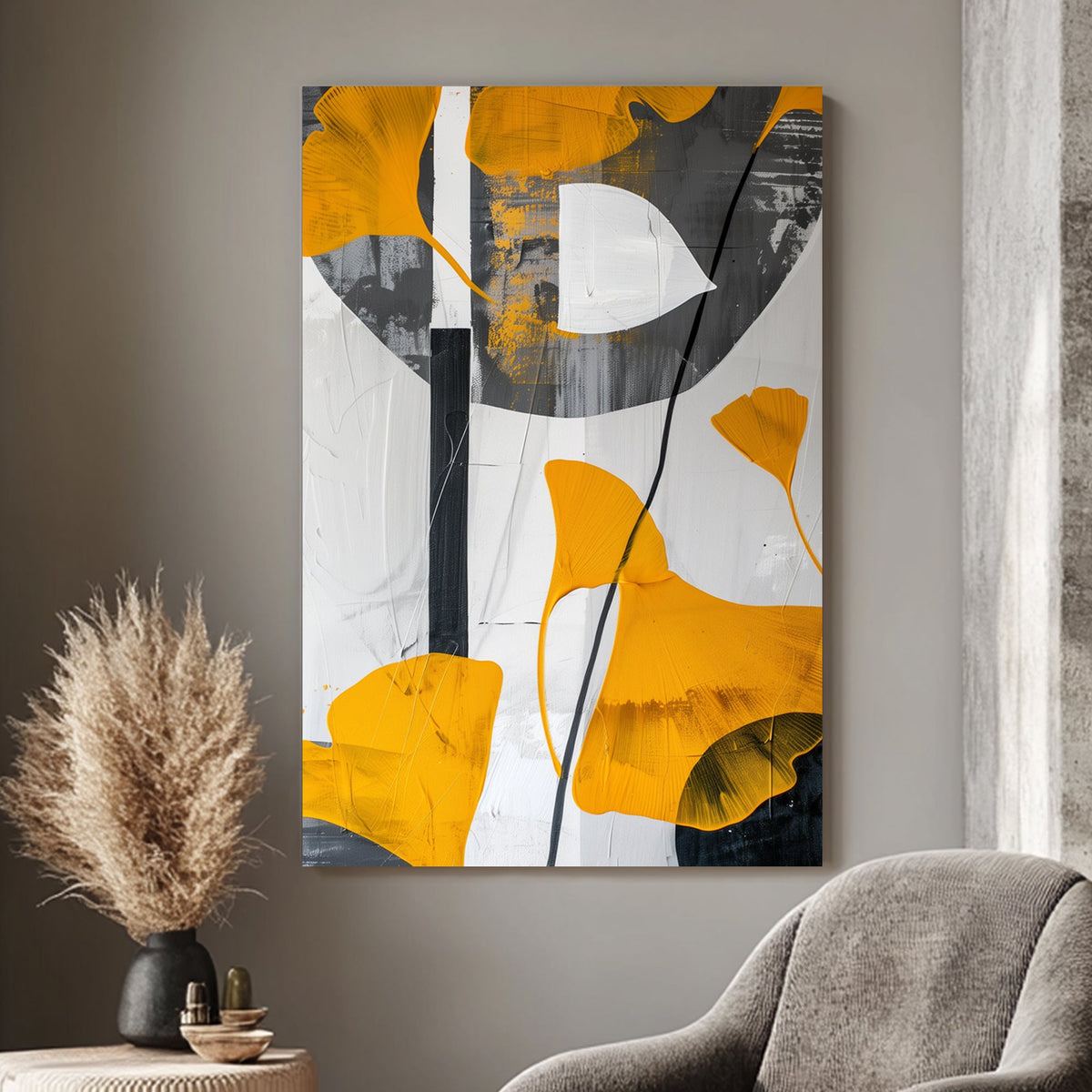 Abstract art featuring golden ginkgo leaves on a monochrome background with white, black, and grey textures. A contemporary minimalist design ideal for modern interiors.