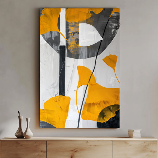 Abstract art featuring golden ginkgo leaves on a monochrome background with white, black, and grey textures. A contemporary minimalist design ideal for modern interiors.