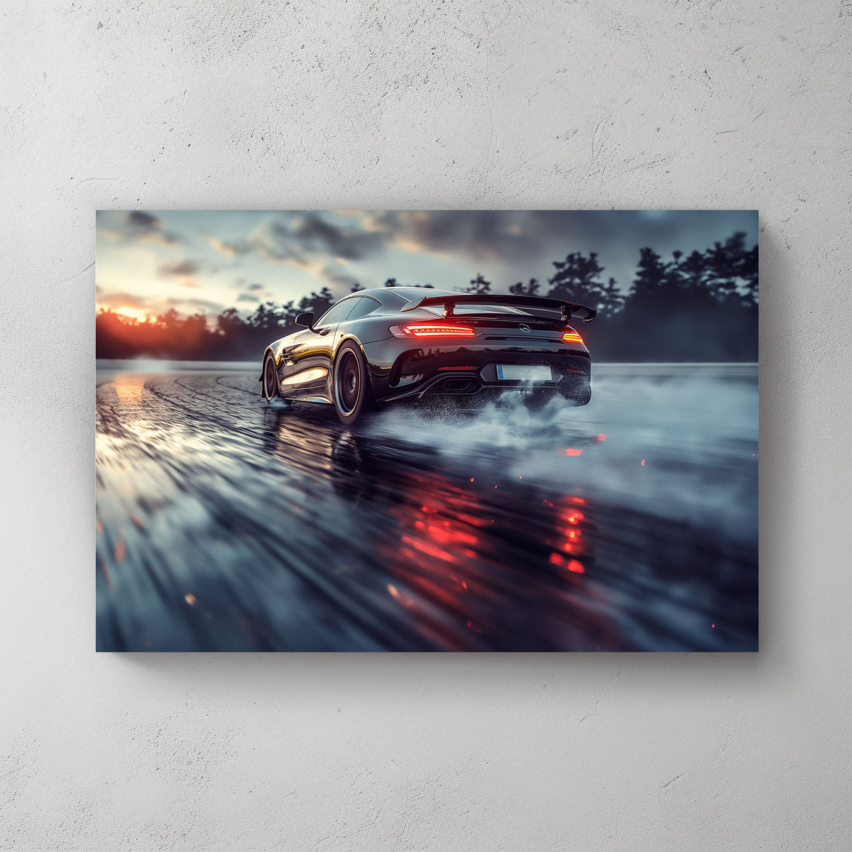 A rectangular wall art print showing a dark sports car drifting on a wet road at sunset, mounted on a light gray textured wall.