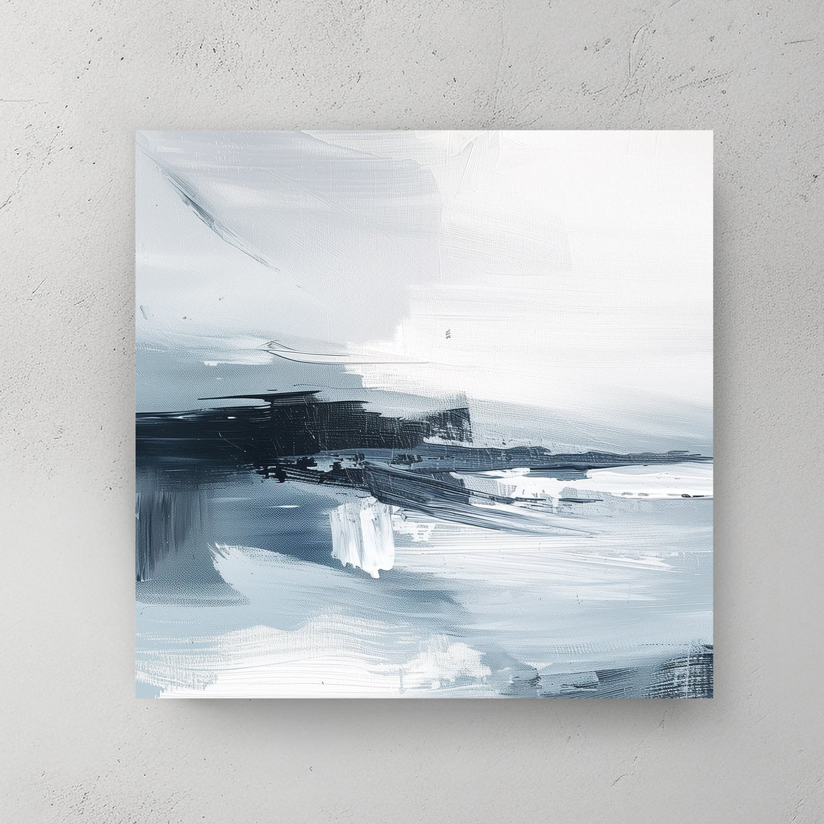 Minimalist abstract wall art print featuring fluid strokes in shades of white, grey, and charcoal, evoking a serene oceanic landscape. Perfect for contemporary or minimalist interiors.
