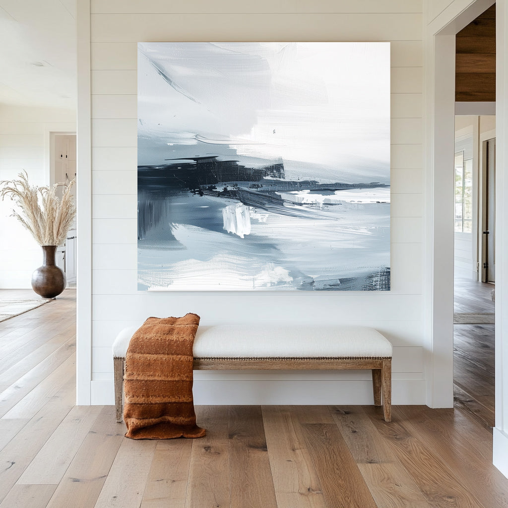 Minimalist abstract wall art print featuring fluid strokes in shades of white, grey, and charcoal, evoking a serene oceanic landscape. Perfect for contemporary or minimalist interiors.