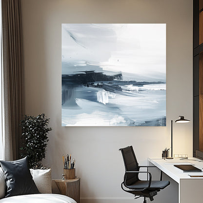 Minimalist abstract wall art print featuring fluid strokes in shades of white, grey, and charcoal, evoking a serene oceanic landscape. Perfect for contemporary or minimalist interiors.