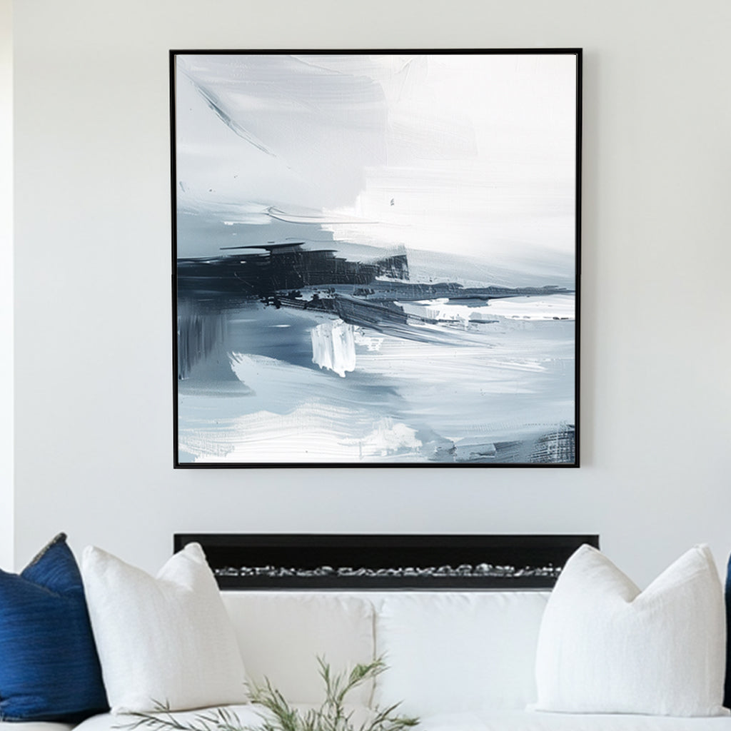 Minimalist abstract wall art print featuring fluid strokes in shades of white, grey, and charcoal, evoking a serene oceanic landscape. Perfect for contemporary or minimalist interiors.