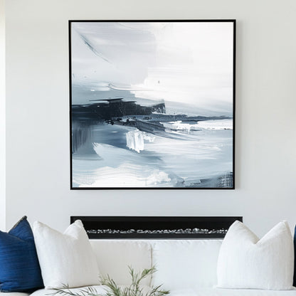 Minimalist abstract wall art print featuring fluid strokes in shades of white, grey, and charcoal, evoking a serene oceanic landscape. Perfect for contemporary or minimalist interiors.