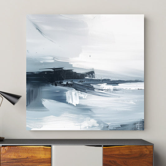 Minimalist abstract wall art print featuring fluid strokes in shades of white, grey, and charcoal, evoking a serene oceanic landscape. Perfect for contemporary or minimalist interiors.