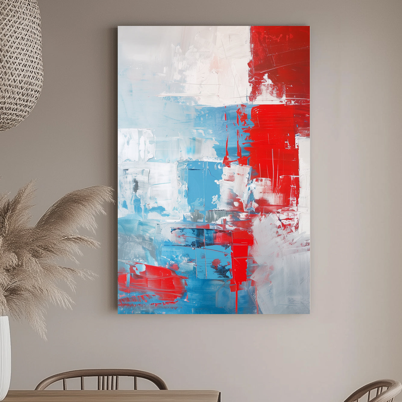 Abstract wall art print featuring vibrant red and tranquil blue hues, accented by soft white and grey textures, creating a dynamic and balanced composition perfect for modern interiors.