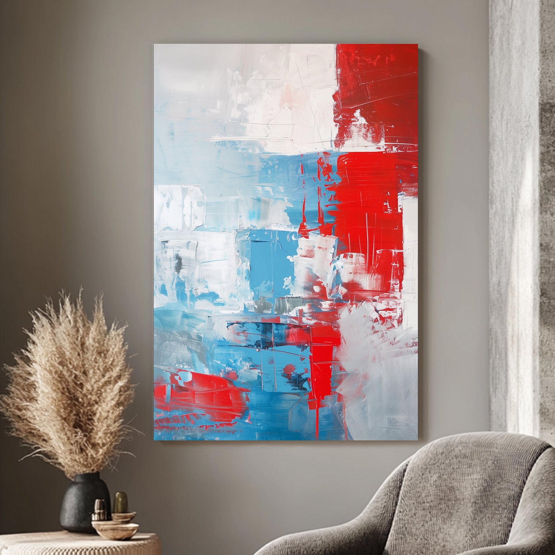 Abstract wall art print featuring vibrant red and tranquil blue hues, accented by soft white and grey textures, creating a dynamic and balanced composition perfect for modern interiors.